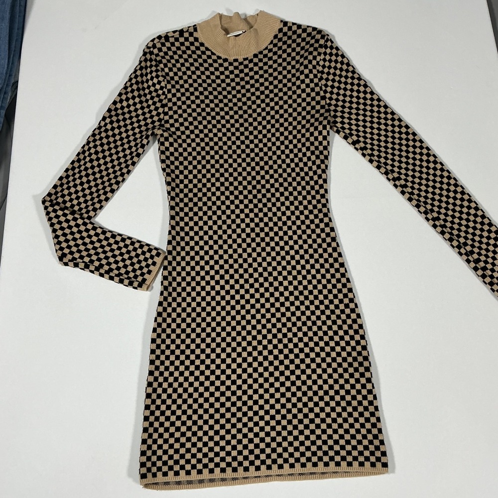 Abercrombie & Fitch Checkerboard Knit Long Sleeve Mini Dress Beige Black XSP